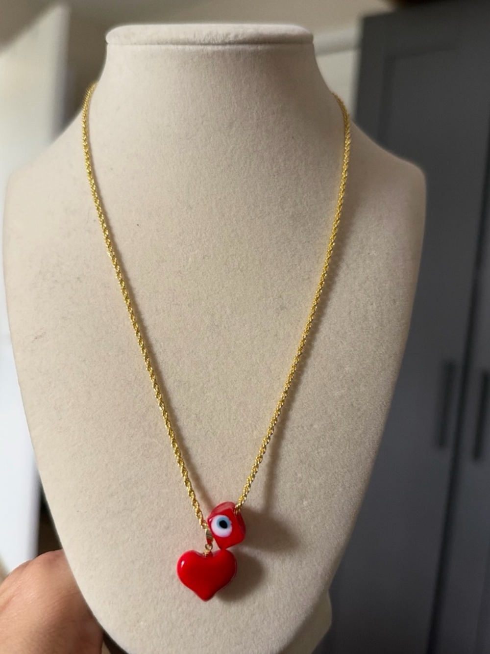 Gold Chain Necklace with Red Heart and Red Eye Charm
